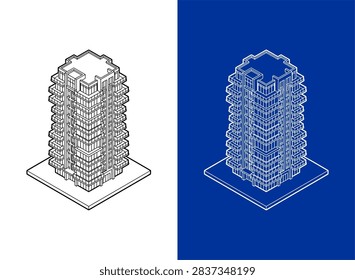 Detailed isometric wireframe rendering of a modern skyscraper