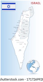Detailed Israel administrative map with country flag and location on a blue globe. Vector illustration