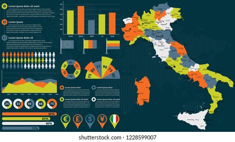 Detailed Italy map with infographic elements. Vector illustration.