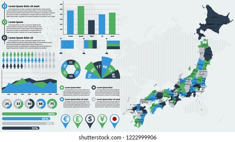 Detailed Japan map with infographic elements. Vector illustration.
