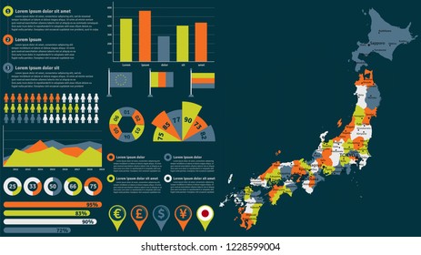 Detailed Japan map with infographic elements. Vector illustration.