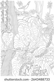 Detailed Jungle Line Art with Tropical Birds, Intricate black and white line drawing illustration of a dense tropical jungle scene featuring large leaves, winding vines, tall trees, and exotic birds