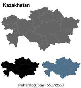 Detailed Kazakhstan Map Outline Isolated on White Background in Grey, Blue & Black Colors. Vector Illustration