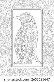 Página detalhada King Penguin Adult Coloring com padrões complexos. Ilustração da arte da linha em preto e branco para relaxamento criativo e atenção plena.