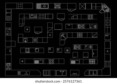 Detailed Kitchen Design Blueprint 2d vector art illustration.