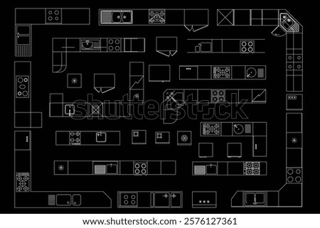 Detailed Kitchen Design Blueprint 2d vector art illustration.
