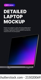 Detailed Laptop Mockup. Vertical Banner Design, Realistic Screen Side View On Dark Background. Vector Illustration