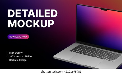 Detailed Laptop in Rotated Position Mockup. Gradient Banner Template. Vector illustration