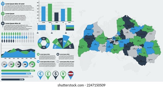 Detailed Latvia map with infographic elements. Vector illustration.