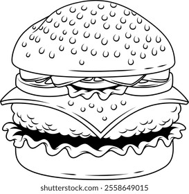 a detailed, layered hamburger with a sesame seed bun, lettuce, cheese, and other toppings, making it visually appealing and relevant for food-related content