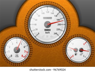 Detailed Leather Car Dashboard with Speedometer, Tachometer, Fuel and Temperature Gauges, vector illustration