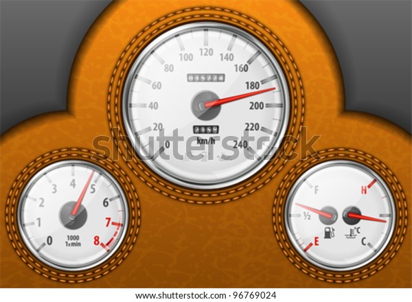 Detailed Leather
Car Dashboard with Speedometer, Tachometer, Fuel and Temperature
Gauges, vector
illustration