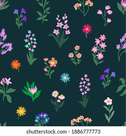 Detailed liberty print on black background. Seamless vector pattern in repeat. Vintage print with small inflorescences. Retro textile design collection.
