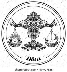 Detailed Libra in aztec filigree line art zentangle style. Tattoo, coloring page for adult. T-shirt design. Zodiac Libra tribal, decorative wool pattern. Vector