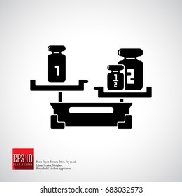 Detailed libra, scale with different weights and screen. Flat vector icon, household equipment.