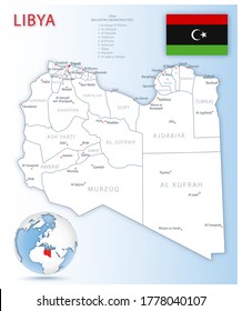 Detailed Libya administrative map with country flag and location on a blue globe. Vector illustration