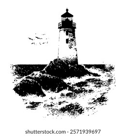 detailed lighthouse sketch with ocean waves  styled in vintage engraving, perfect for nautical and marine designs