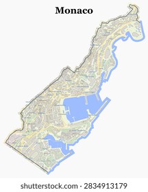 Detailed light-toned map of the Principality of Monaco, highlighting Port Hercules, Larvotto coastline, Monte Carlo district, dense road grid, and international border on a soft background.