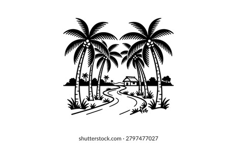 A detailed line art drawing featuring a winding path flanked by tall palm trees with a small cottage in the distance