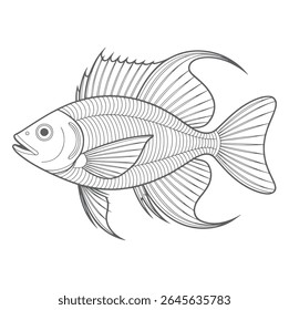Um desenho de arte de linha detalhado de um peixe em escala de cinza em um fundo branco O peixe tem padrões de linha intrincados em seu corpo e nadadeiras.