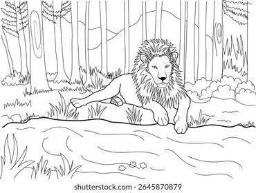 Detailed Line Art Drawing of a Majestic Lion Resting Peacefully in a Lush Forest or Jungle Environment, Perfect for Coloring Books and Wildlife Illustration Projects