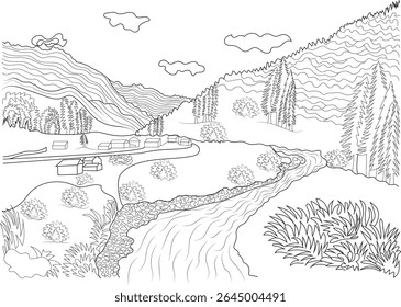 Desenho de arte de linha detalhado de uma serena paisagem de vale de montanha com um rio, casas e árvores, ideal para colorir ou ilustrar