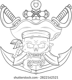 A detailed line art emblem featuring a pirate skull wearing a bandana and tricorn hat, with crossed swords behind it and an anchor below.