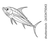 Detailed line art of an escolar fish with bold outlines, ideal for coloring books, marine education, fishing content, or ocean-themed graphic designs.