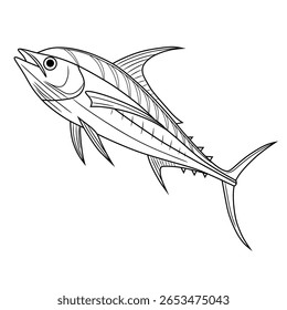 Detalhada arte de linha de um peixe escolar com contornos arrojados, ideal para colorir livros, educação marinha, conteúdo de pesca ou projetos gráficos com temática oceânica.