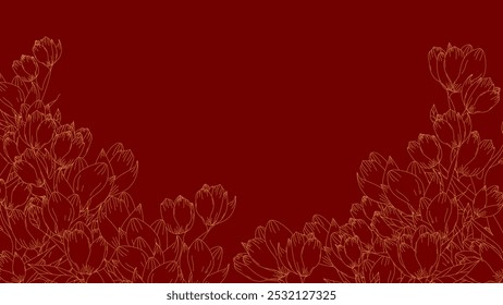 A detailed line art floral illustration featuring magnolia flowers on a rich red background. The intricate design is ideal for elegant invitations, greeting cards, and decorative purposes.