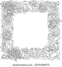 A detailed Line art floral vector illustration, square frame adorned with lush peonies, chrysanthemums, cherry blossoms, and rosebuds with leaves on white background