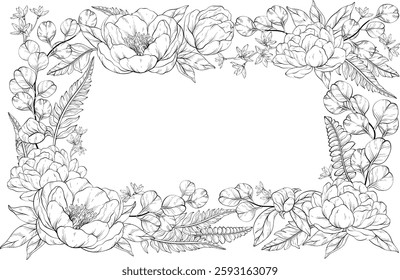 A detailed line art floral vector illustration of a square frame adorned with lush delicate peonies, small flowers, and eucalyptus leaves, elegantly arranged with fern accents, set on white background