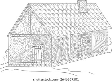 Detailed Line Art House with Abstract Patterns, Perfect for Adult Coloring Books. Hand-Drawn Zentangle-Inspired Home Design with Whimsical Elements and Intricate Ornamentation.