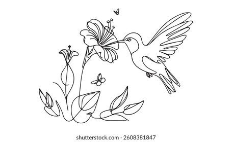 Detailed line art of a hummingbird in mid-flight feeding on a bloom