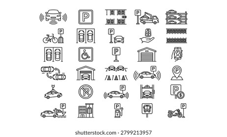 Detailed line art icon set illustrating various parking situations vehicle types and smart parking solutions