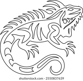 Detailed line art of an iguana emphasizing artistic patterns and a flowing, intricate design. Perfect for coloring or as a graphic element in creative projects.