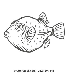 Ilustração detalhada da arte de uma Aiptasia Comendo Filefish (Acreichthys tomentosus). O desenho mostra a forma corporal única do peixe, as barbatanas e as marcas distintivas. 