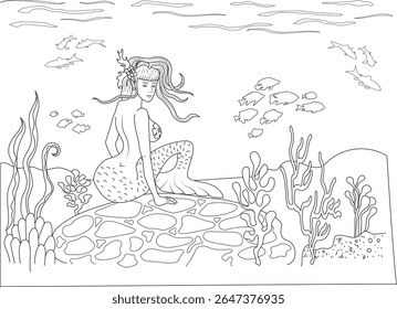 Detailed Line Art Illustration of a Beautiful Mermaid with Flowing Hair Sitting on an Underwater Rock, Surrounded by Fish and Seaweed, Perfect for Children's Coloring Books and Creative Projects.