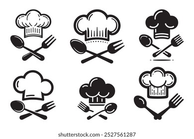 A detailed line art illustration of a chef hat with a fork and spoon, perfect for use in restaurant logos, culinary branding, and food-related graphics. Clean and versatile for various kitchen-related