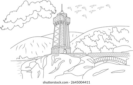 Detailed Line Art Illustration of a Coastal Lighthouse on a Rocky Shore with Bridge, Clouds, and Birds - Outline Drawing Ideal for Coloring Books or Design