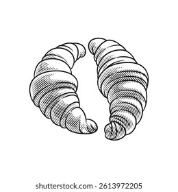 A detailed line art illustration of a croissant created in an elegant engraving style.
