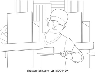 Detailed Line Art Illustration Depicting a Focused Manual Laborer Working with Tools Amidst Structural Elements, Concept of Hard Work, Industry, or Labor Day Themes.