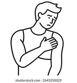 A detailed line art illustration depicts a man experiencing intense shoulder pain, effectively conveying the health problem concept.
