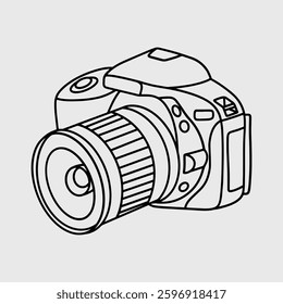 Detailed Line Art Illustration of a DSLR Camera with a Prominent Lens