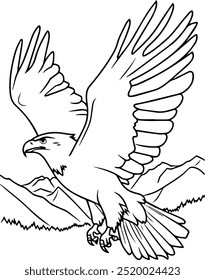 A detailed line art illustration of an eagle soaring with wings spread wide against a mountain backdrop. Ideal for kids' coloring activities and educational materials.