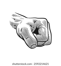 A detailed line art illustration in an engraving style, depicting a clenched fist in a powerful punching pose. This artwork captures strength, action, and determination.