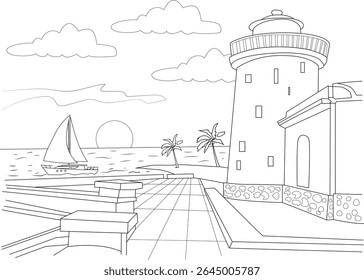 Detailed line art illustration featuring a coastal scene with a prominent lighthouse, a sailing boat at sunset, palm trees, and a patterned walkway, perfect for coloring books or design projects.