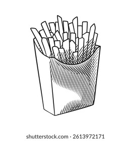 A detailed line art illustration of golden French fries in a classic paper packaging, created in an elegant engraving style.