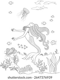 Detailed line art illustration of a graceful mermaid swimming in the ocean with various sea creatures and coral, perfect for coloring.