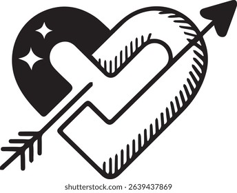 Detailed line art illustration of a heart pierced by an arrow. Great for graphic design projects on a black background.